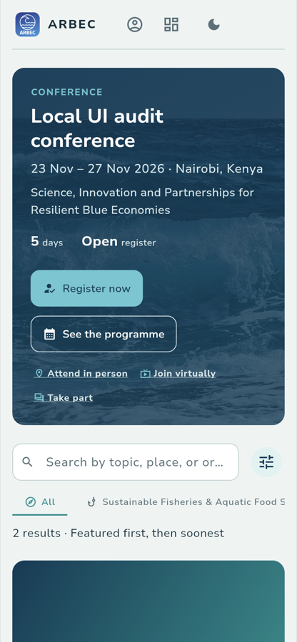 The ARBEC conference list. A featured card for Local UI audit conference sits above a search field, an All / Sustainable Fisheries & Aquatic Food Systems filter row, and the result count. The second card is The 3rd Aquatic Resources & Blue Economy Conference (ARBEC III).