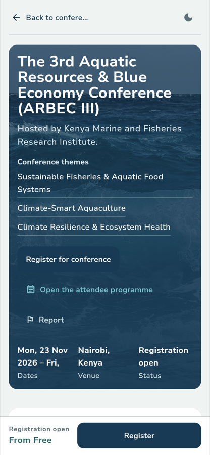 The ARBEC III public conference page showing the title, the host, three conference themes, the dates, venue and registration status row, and the Register action.