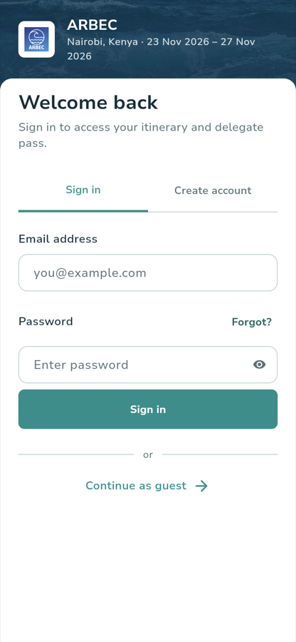 The ARBEC sign-in screen branded for ARBEC III, with the Email address and Password fields, the Sign in button, and a Continue as guest link.