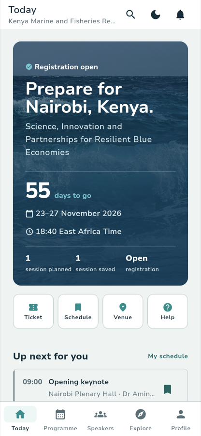 The Today tab. A cover-image panel reads Registration open, Prepare for Nairobi, Kenya, the theme, 55 days to go, 23–27 November 2026, and the East Africa time. Under it three figures: 1 session planned, 1 session saved, Open registration. Below that four tiles: Ticket, Schedule, Venue, Help.