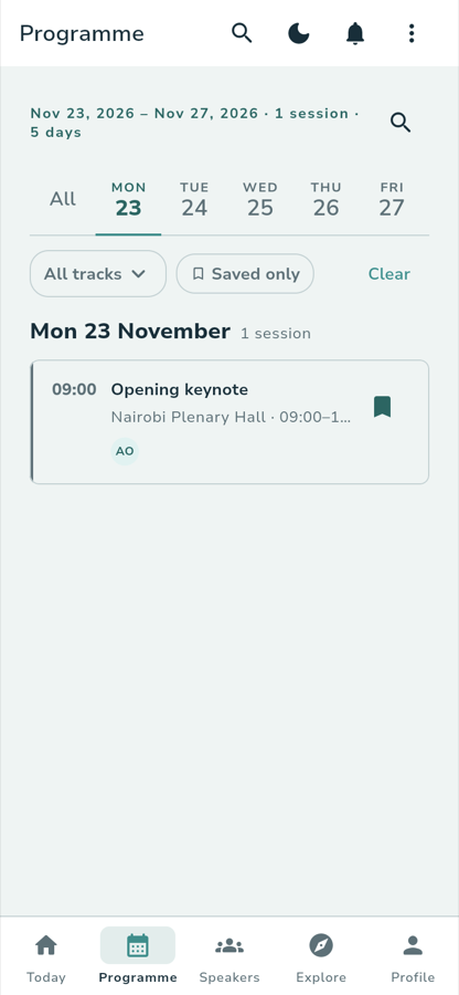 The Programme tab. A header reads Nov 23, 2026 – Nov 27, 2026 · 1 session · 5 days, a day strip has MON 23 selected, and below an All tracks dropdown and a Saved only chip sit the single Opening keynote session in Nairobi Plenary Hall.