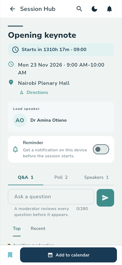 The Session Hub for Opening keynote. It shows Starts in 1310h 17m · 09:00, Mon 23 Nov 2026 · 9:00 AM–10:00 AM, Nairobi Plenary Hall, the lead speaker Dr Amina Otieno, a Reminder switch, and Q&A, Poll and Speakers tabs over an Ask a question field. The bookmark and Add to calendar sit in a bar at the bottom.