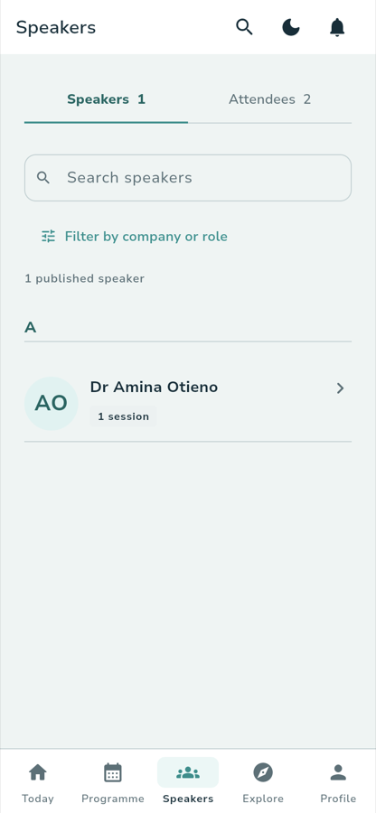 The Speakers tab. Tabs read Speakers 1 and Attendees 2, above a Search speakers field, a Filter by company or role link, and the count 1 published speaker. Under the letter A is Dr Amina Otieno with 1 session.