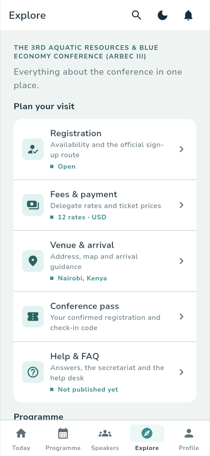 The Explore tab. Under the conference name and the line Everything about the conference in one place, the Plan your visit section lists Registration, Fees & payment, Venue & arrival, Conference pass and Help & FAQ, each with a status: Open, 12 rates · USD, Nairobi, Kenya, none, and Not published yet.